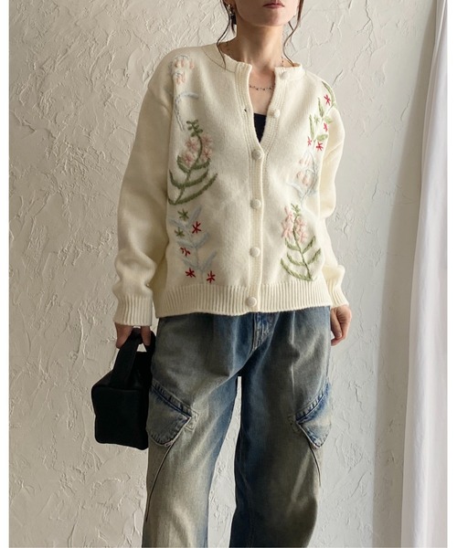 セール】花柄フラワー刺繍長袖ニットカーディガン（カーディガン