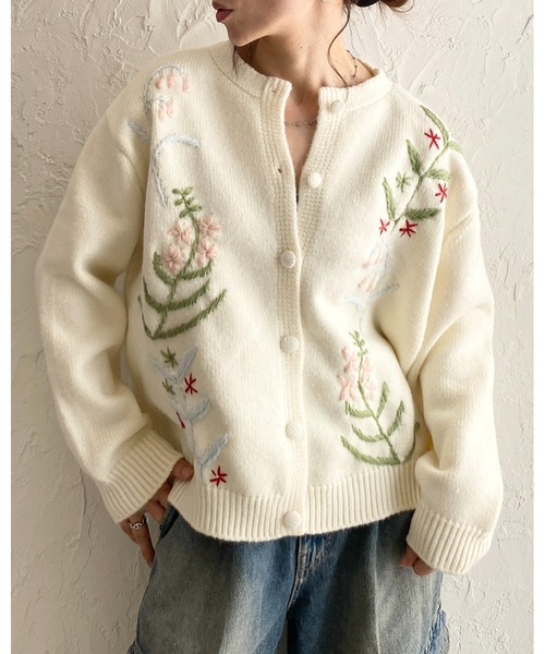 セール】花柄フラワー刺繍長袖ニットカーディガン（カーディガン