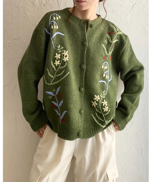 セール】花柄フラワー刺繍長袖ニットカーディガン（カーディガン