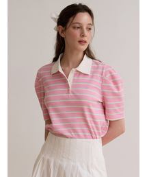Stripe collar puff top - Pink