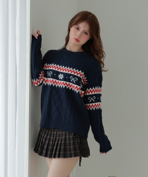 M DOLLY(エムドリー)の「ribbon nordic lyria knit tops/リボンノルディックリリアニットトップス(ニット/セーター・レディース・ネイビー/アイボリー・FREE)」の2枚目の写真