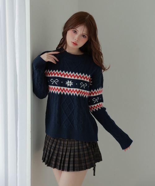 M DOLLY(エムドリー)の「ribbon nordic lyria knit tops/リボンノルディックリリアニットトップス(ニット/セーター・レディース・ネイビー/アイボリー・FREE)」の3枚目の写真
