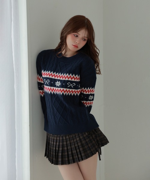 M DOLLY(エムドリー)の「ribbon nordic lyria knit tops/リボンノルディックリリアニットトップス(ニット/セーター・レディース・ネイビー/アイボリー・FREE)」の4枚目の写真