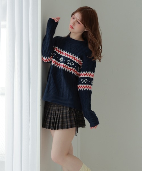 M DOLLY(エムドリー)の「ribbon nordic lyria knit tops/リボンノルディックリリアニットトップス(ニット/セーター・レディース・ネイビー/アイボリー・FREE)」の5枚目の写真