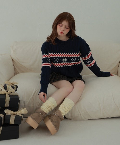 M DOLLY(エムドリー)の「ribbon nordic lyria knit tops/リボンノルディックリリアニットトップス(ニット/セーター・レディース・ネイビー/アイボリー・FREE)」の7枚目の写真