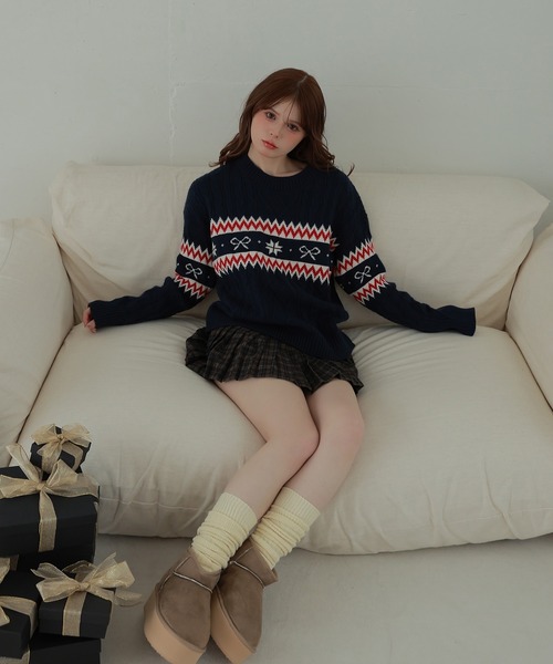 M DOLLY(エムドリー)の「ribbon nordic lyria knit tops/リボンノルディックリリアニットトップス(ニット/セーター・レディース・ネイビー/アイボリー・FREE)」の8枚目の写真