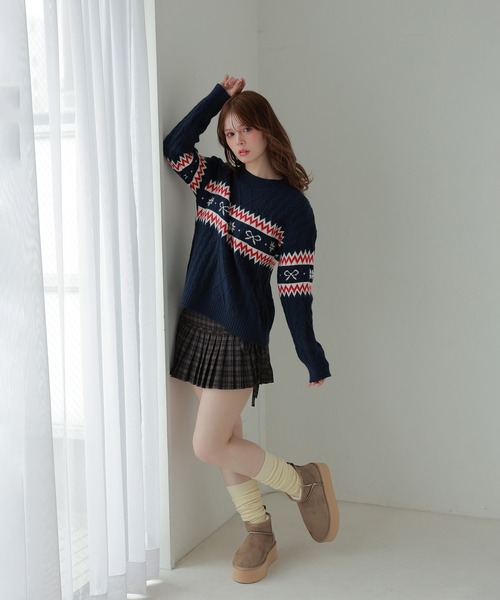 M DOLLY(エムドリー)の「ribbon nordic lyria knit tops/リボンノルディックリリアニットトップス(ニット/セーター・レディース・ネイビー/アイボリー・FREE)」の9枚目の写真