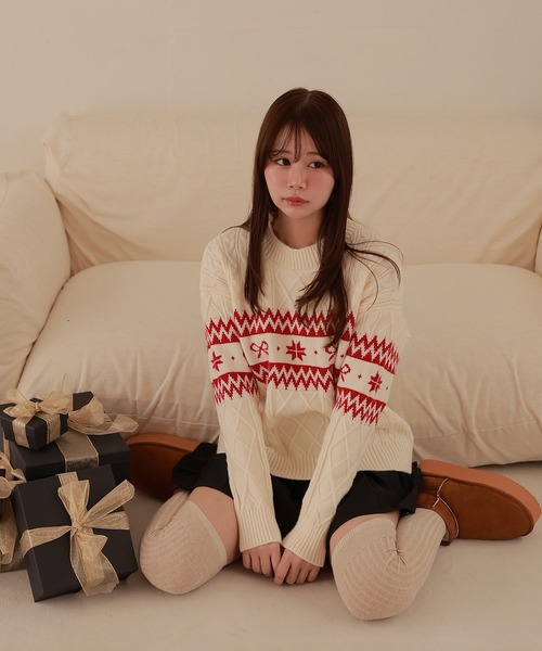 M DOLLY(エムドリー)の「ribbon nordic lyria knit tops/リボンノルディックリリアニットトップス(ニット/セーター・レディース・ネイビー/アイボリー・FREE)」の10枚目の写真
