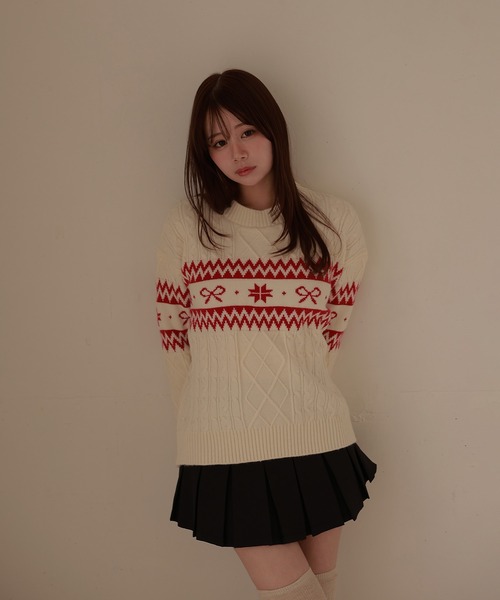 M DOLLY(エムドリー)の「ribbon nordic lyria knit tops/リボンノルディックリリアニットトップス(ニット/セーター・レディース・ネイビー/アイボリー・FREE)」の12枚目の写真