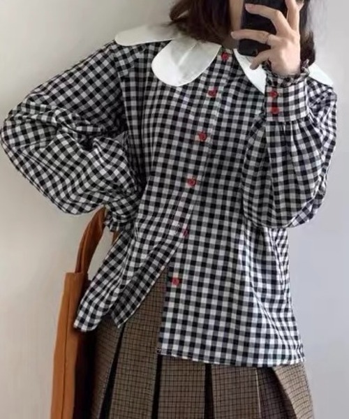 SHOUYO(ショウヨウ)の「ビッグカラー×ギンガムチェックブラウス/レッドボタンがアクセント(シャツ/ブラウス・レディース・ブラック・M)」の14枚目の写真