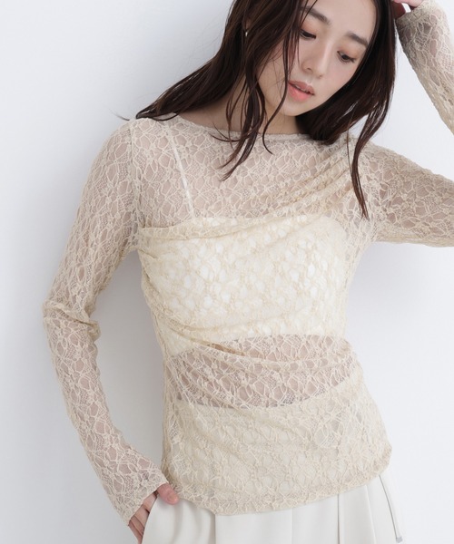 NATURAL BEAUTY BASIC（ナチュラルビューティーベーシック）の「◇レースドレープカットソー（Tシャツ/カットソー・レディース・ベージュ/オフホワイト/チャコールグレー・FREE）」の3枚目の写真