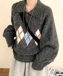ポロ襟アーガイルニット