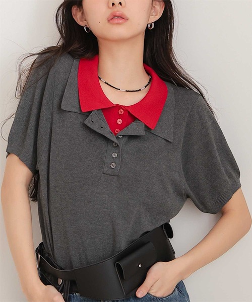miette(ミエット)の「レイヤード風半袖ポロニット(ニット/セーター・レディース・ライトブルー/ブラック/チャコール/グレー・S/M/L)」の3枚目の写真