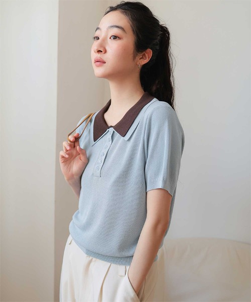 miette(ミエット)の「レイヤード風半袖ポロニット(ニット/セーター・レディース・ライトブルー/ブラック/チャコール/グレー・S/M/L)」の4枚目の写真