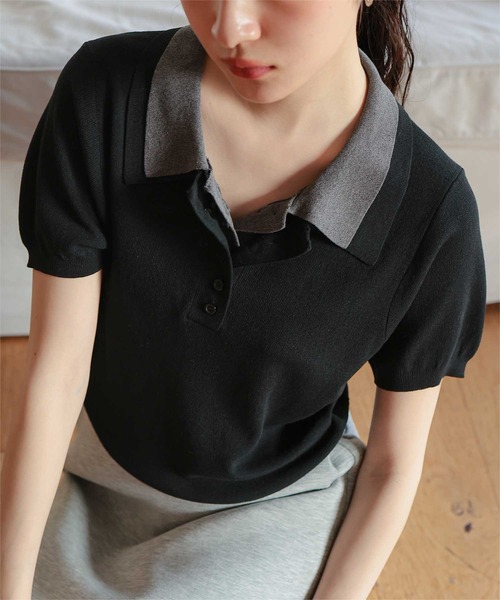 miette(ミエット)の「レイヤード風半袖ポロニット(ニット/セーター・レディース・ライトブルー/ブラック/チャコール/グレー・S/M/L)」の5枚目の写真