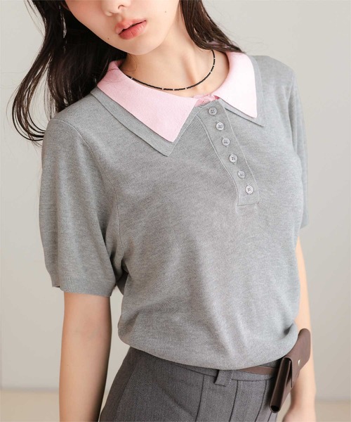miette(ミエット)の「レイヤード風半袖ポロニット(ニット/セーター・レディース・ライトブルー/ブラック/チャコール/グレー・S/M/L)」の12枚目の写真