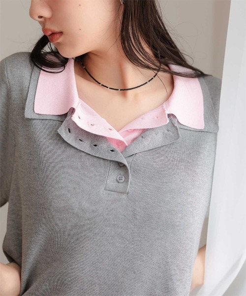 miette(ミエット)の「レイヤード風半袖ポロニット(ニット/セーター・レディース・ライトブルー/ブラック/チャコール/グレー・S/M/L)」の15枚目の写真