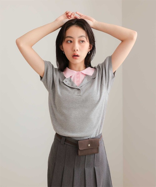 miette(ミエット)の「レイヤード風半袖ポロニット(ニット/セーター・レディース・ライトブルー/ブラック/チャコール/グレー・S/M/L)」の11枚目の写真