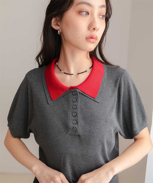 miette(ミエット)の「レイヤード風半袖ポロニット(ニット/セーター・レディース・ライトブルー/ブラック/チャコール/グレー・S/M/L)」の18枚目の写真