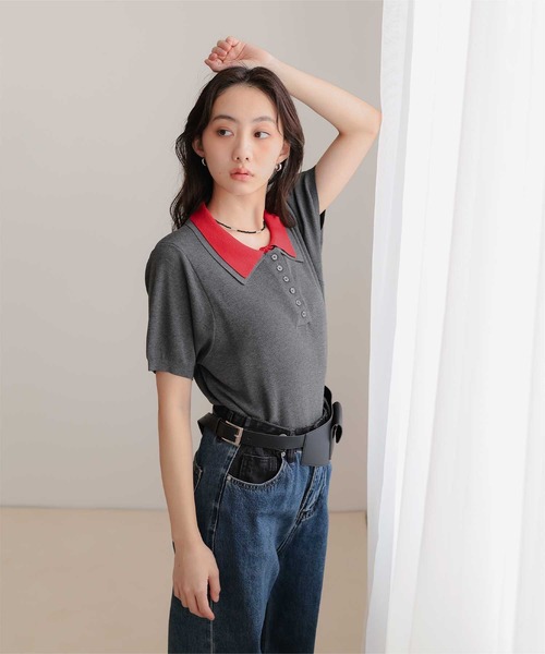 miette(ミエット)の「レイヤード風半袖ポロニット(ニット/セーター・レディース・ライトブルー/ブラック/チャコール/グレー・S/M/L)」の19枚目の写真
