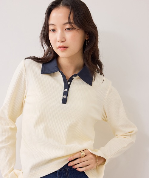 VIS（ビス）の「バイカラーポロ襟カットソー/イージーケア（Tシャツ/カットソー・レディース・グレー/ブラック/ホワイト系その他5・FREE）」の2枚目の写真