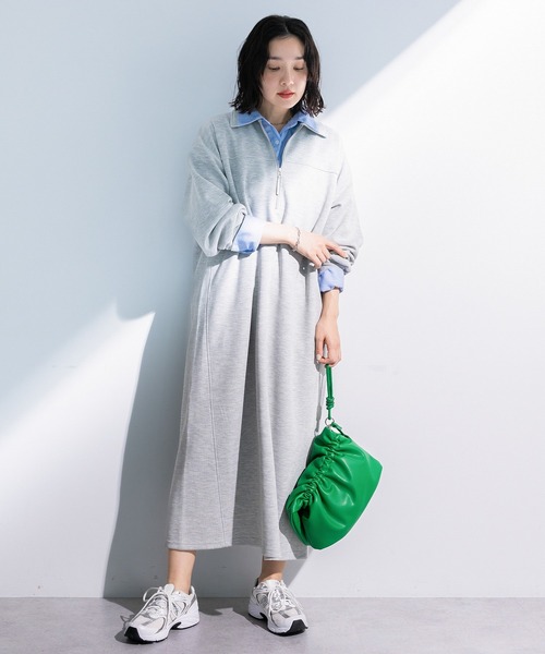 Green　Parks（グリーンパークス）の「ポロ衿ハーフZIPカットワンピース（ワンピース・レディース・チャコールグレー/アイボリー/杢グレー・FREE）」の3枚目の写真