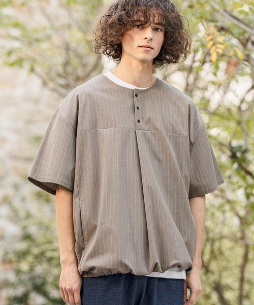 mt10261-Classic Pinstripe Hem Shirring Short Sleeve Pullover プル