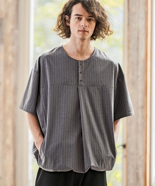 mt10261-Classic Pinstripe Hem Shirring Short Sleeve Pullover プル