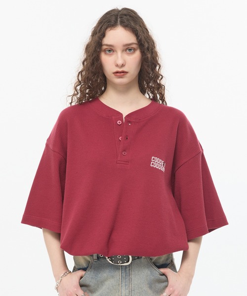 CODDERR】ロゴ刺繍 ドローコード ヘンリーネック ワッフル半袖Tシャツ