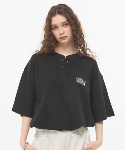 CODDERR】ロゴ刺繍 ドローコード ヘンリーネック ワッフル半袖Tシャツ
