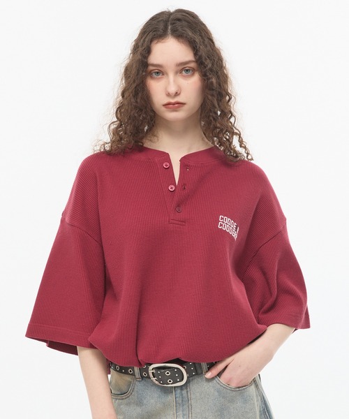CODDERR】ロゴ刺繍 ドローコード ヘンリーネック ワッフル半袖Tシャツ