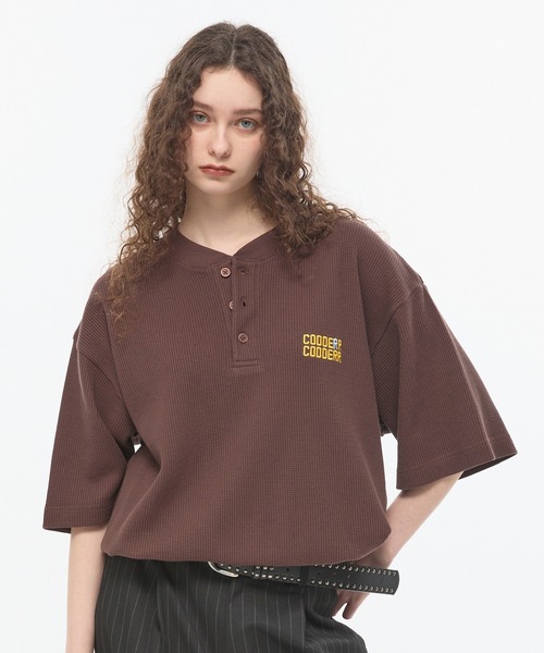 CODDERR】ロゴ刺繍 ドローコード ヘンリーネック ワッフル半袖Tシャツ