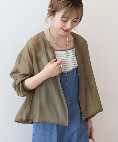 AMERICAN HOLIC（アメリカンホリック）の「【WEB限定】ノーカラーシアーZIPブルゾン（ノーカラージャケット・レディース・オリーブ/ブラック・L/M）」の5枚目の写真