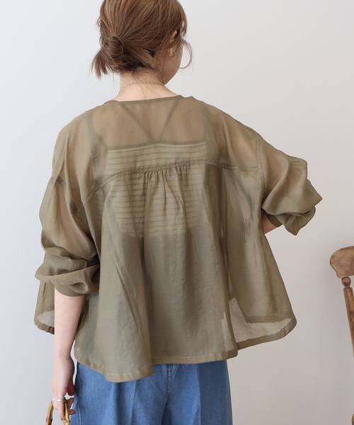 AMERICAN HOLIC（アメリカンホリック）の「【WEB限定】ノーカラーシアーZIPブルゾン（ノーカラージャケット・レディース・オリーブ/ブラック・L/M）」の6枚目の写真