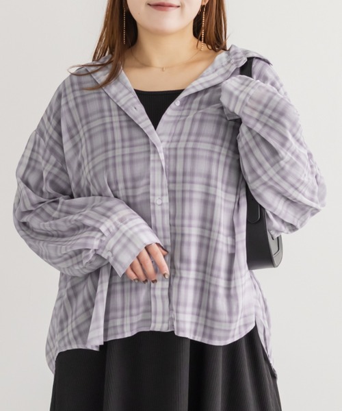CLETTE（クレット）の「CLETTEオリジナルシアーチェックシャツ（シャツ/ブラウス・レディース・パープル/グレー系その他/ブルー・LL/4L/3L）」の2枚目の写真