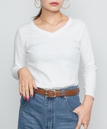 Vネック8分袖コットンフライスTシャツ 半端袖