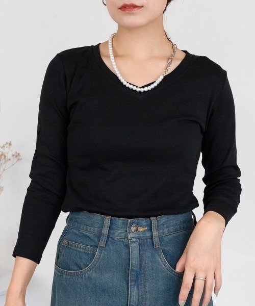 RCD(アールシーディー)の「Vネック8分袖コットンフライスTシャツ 半端袖(Tシャツ/カットソー・レディース・ブラック/ネイビー/チャコールグレー/杢グレー/ホワイト・LL/L/M)」の2枚目の写真