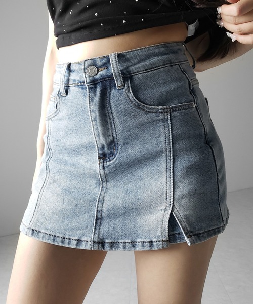 me+em select(ミームセレクト)の「※※【 2color / 4size 】ミニスリットストレッチレイヤードデニムミニスカパン / mini slit stretch layered denim mini skirt pants(デニムスカート・レディース・ブラック/ブルー・LARGE/MEDIUM/SMALL/X-LARGE)」の2枚目の写真