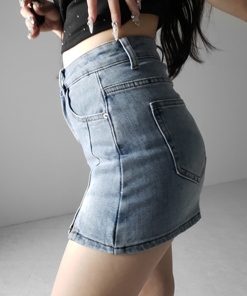 me+em select(ミームセレクト)の「※※【 2color / 4size 】ミニスリットストレッチレイヤードデニムミニスカパン / mini slit stretch layered denim mini skirt pants(デニムスカート・レディース・ブラック/ブルー・LARGE/MEDIUM/SMALL/X-LARGE)」の8枚目の写真