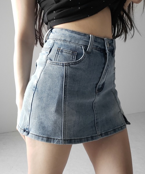me+em select(ミームセレクト)の「※※【 2color / 4size 】ミニスリットストレッチレイヤードデニムミニスカパン / mini slit stretch layered denim mini skirt pants(デニムスカート・レディース・ブラック/ブルー・LARGE/MEDIUM/SMALL/X-LARGE)」の9枚目の写真