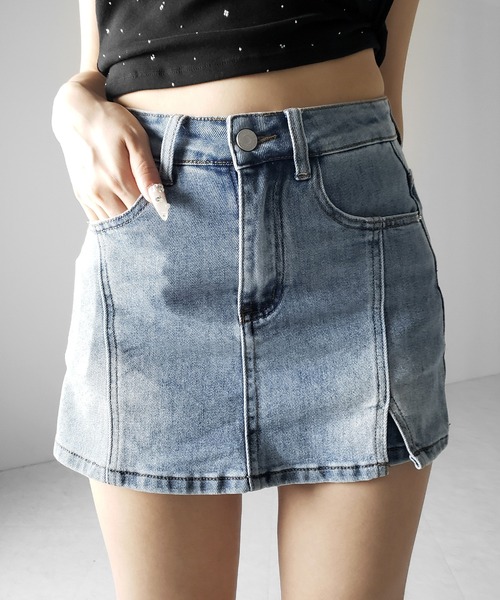 me+em select(ミームセレクト)の「※※【 2color / 4size 】ミニスリットストレッチレイヤードデニムミニスカパン / mini slit stretch layered denim mini skirt pants(デニムスカート・レディース・ブラック/ブルー・LARGE/MEDIUM/SMALL/X-LARGE)」の11枚目の写真