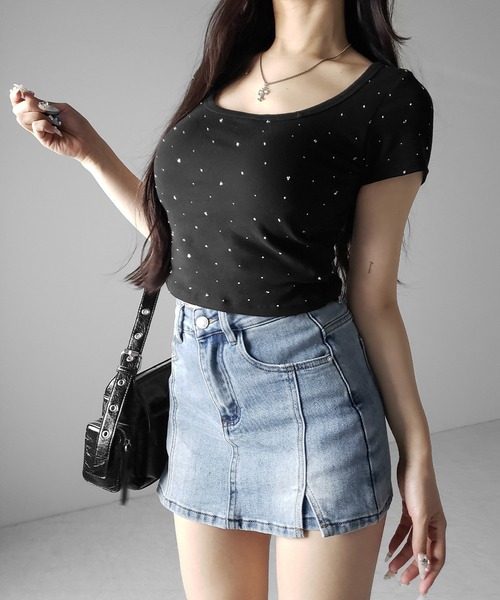 me+em select(ミームセレクト)の「※※【 2color / 4size 】ミニスリットストレッチレイヤードデニムミニスカパン / mini slit stretch layered denim mini skirt pants(デニムスカート・レディース・ブラック/ブルー・LARGE/MEDIUM/SMALL/X-LARGE)」の13枚目の写真