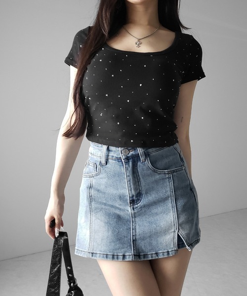 me+em select(ミームセレクト)の「※※【 2color / 4size 】ミニスリットストレッチレイヤードデニムミニスカパン / mini slit stretch layered denim mini skirt pants(デニムスカート・レディース・ブラック/ブルー・LARGE/MEDIUM/SMALL/X-LARGE)」の14枚目の写真