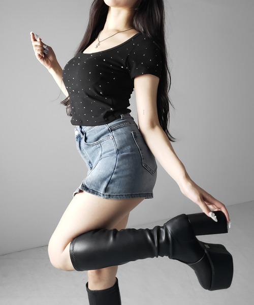 me+em select(ミームセレクト)の「※※【 2color / 4size 】ミニスリットストレッチレイヤードデニムミニスカパン / mini slit stretch layered denim mini skirt pants(デニムスカート・レディース・ブラック/ブルー・LARGE/MEDIUM/SMALL/X-LARGE)」の15枚目の写真