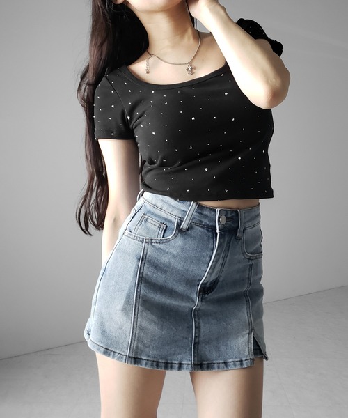 me+em select(ミームセレクト)の「※※【 2color / 4size 】ミニスリットストレッチレイヤードデニムミニスカパン / mini slit stretch layered denim mini skirt pants(デニムスカート・レディース・ブラック/ブルー・LARGE/MEDIUM/SMALL/X-LARGE)」の16枚目の写真