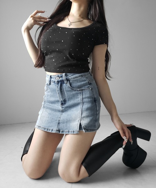 me+em select(ミームセレクト)の「※※【 2color / 4size 】ミニスリットストレッチレイヤードデニムミニスカパン / mini slit stretch layered denim mini skirt pants(デニムスカート・レディース・ブラック/ブルー・LARGE/MEDIUM/SMALL/X-LARGE)」の17枚目の写真