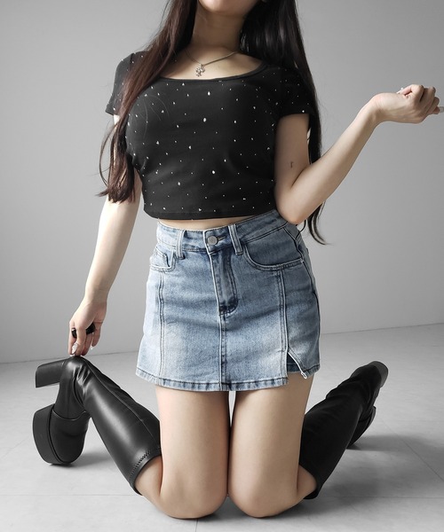 me+em select(ミームセレクト)の「※※【 2color / 4size 】ミニスリットストレッチレイヤードデニムミニスカパン / mini slit stretch layered denim mini skirt pants(デニムスカート・レディース・ブラック/ブルー・LARGE/MEDIUM/SMALL/X-LARGE)」の18枚目の写真