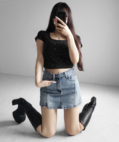 me+em select(ミームセレクト)の「※※【 2color / 4size 】ミニスリットストレッチレイヤードデニムミニスカパン / mini slit stretch layered denim mini skirt pants(デニムスカート・レディース・ブラック/ブルー・LARGE/MEDIUM/SMALL/X-LARGE)」の20枚目の写真
