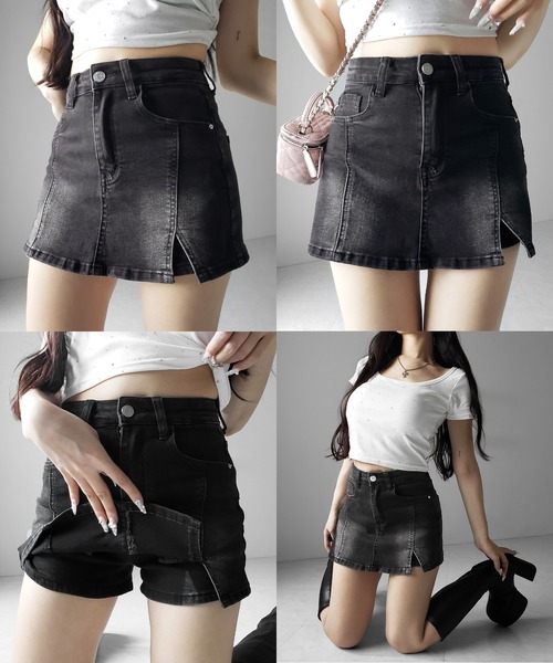 me+em select(ミームセレクト)の「※※【 2color / 4size 】ミニスリットストレッチレイヤードデニムミニスカパン / mini slit stretch layered denim mini skirt pants(デニムスカート・レディース・ブラック/ブルー・LARGE/MEDIUM/SMALL/X-LARGE)」の4枚目の写真