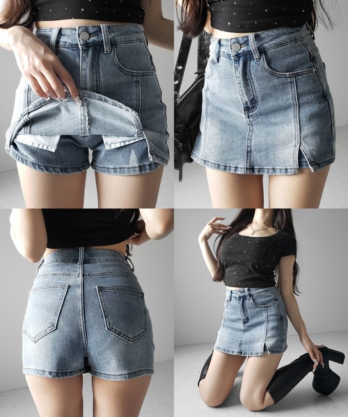 me+em select(ミームセレクト)の「※※【 2color / 4size 】ミニスリットストレッチレイヤードデニムミニスカパン / mini slit stretch layered denim mini skirt pants(デニムスカート・レディース・ブラック/ブルー・LARGE/MEDIUM/SMALL/X-LARGE)」の3枚目の写真
